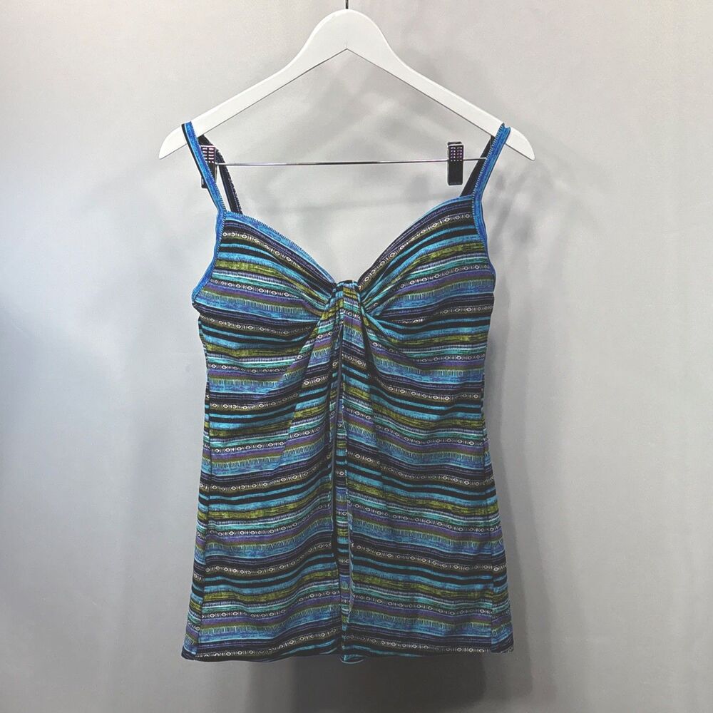 Miraclesuit Veranda Gala Tankini Top Women Size 12 Blue Green Underwire Swim